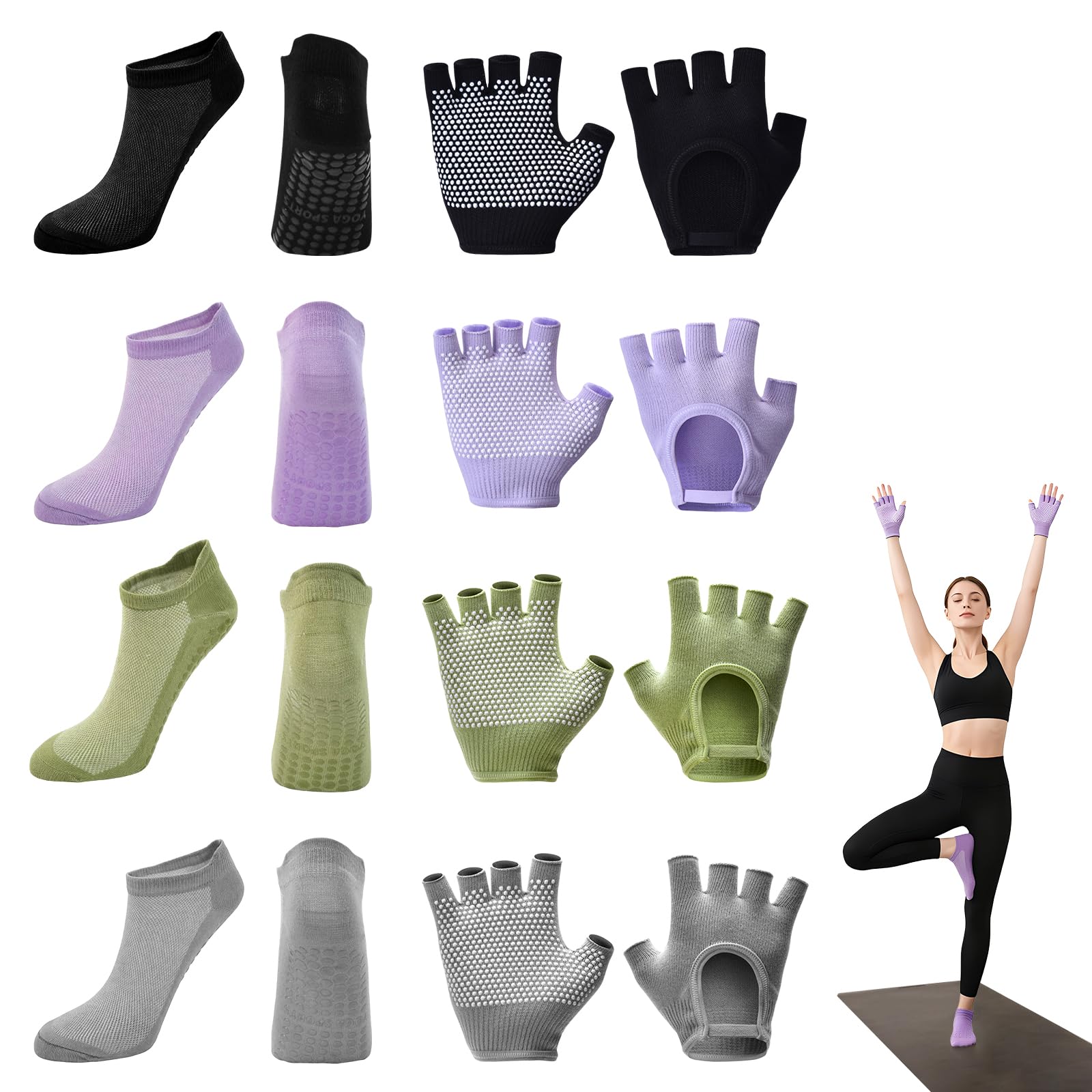 CUGBO 8 Pairs Non Slip Yoga Gloves Socks Set with Grips for Women