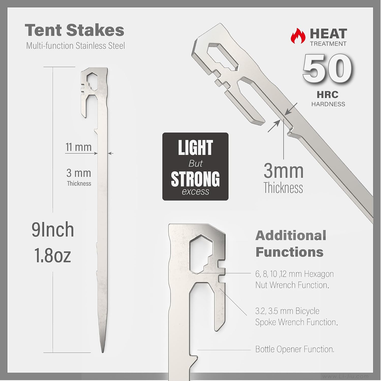 Tent Stakes 6-PCS - Camping Essentials for Tent Camper. Stainless Steel Heavy Duty Ground Stakes, Light Weight Camping Essentials, 11 inch 2.47 oz, Tent Accessories by LI JIU® (9 Inch 6 Pcs)