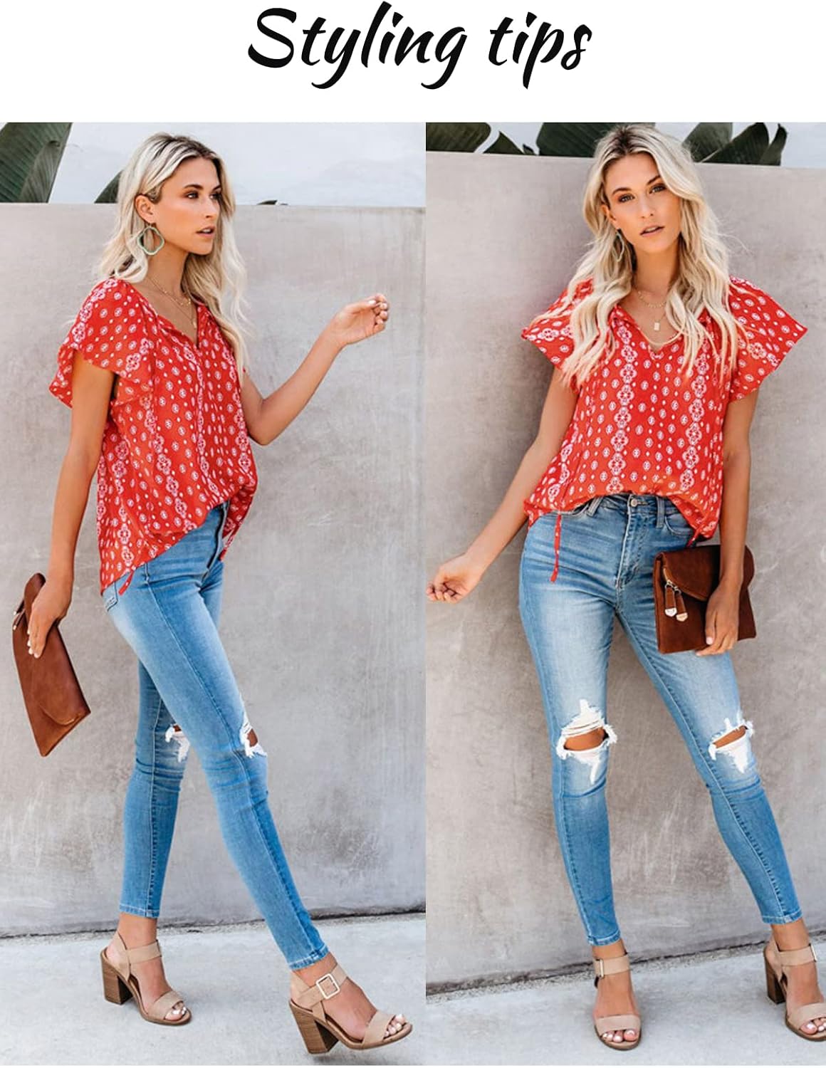 Vista 5 de SimpleFun Blusa de verano de manga corta con cuello en V floral para mujer