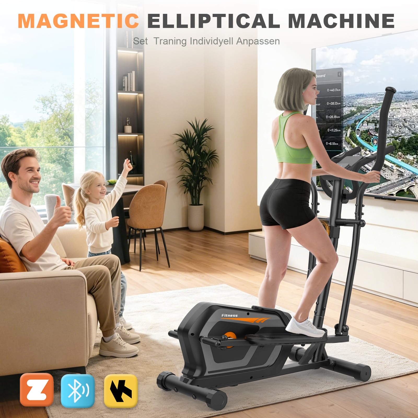 Bicicleta Elíptica para Casa Silenciosa con 16 Niveles de Resistencia, Sensor de Pulso, Monitor LCD y Soporte para Dispositivos, Bluetooth y App, Elíptica ultrasilenciosa para Uso doméstico