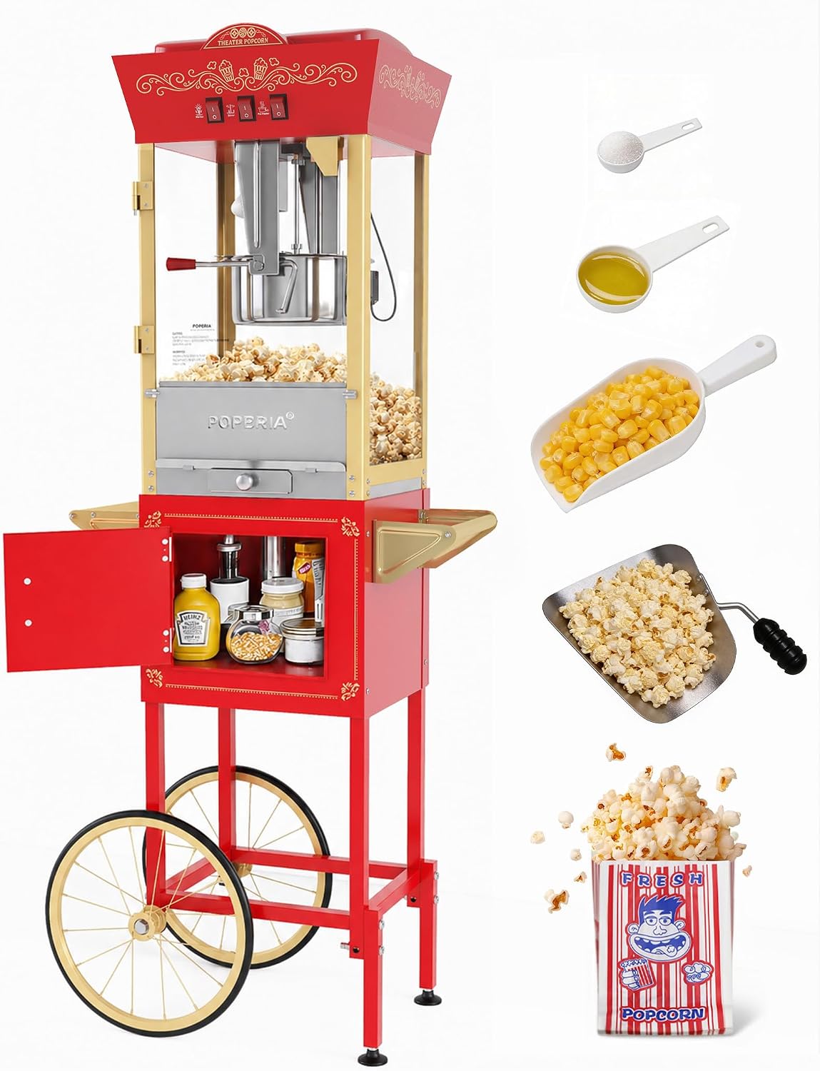 12oz Popcorn Machine with Cart, Movie Theater Style Popcorn Maker