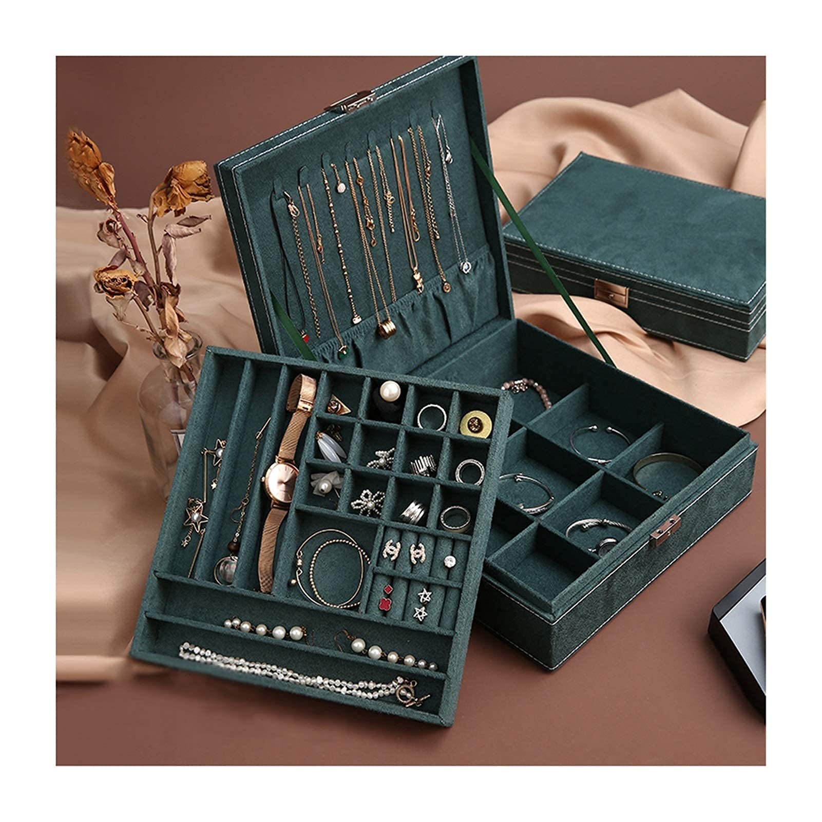 OZBMA Jewelry Box Organizer Vintage Green Flannel Multi-function Earrings Necklaces Storage Large Capacity