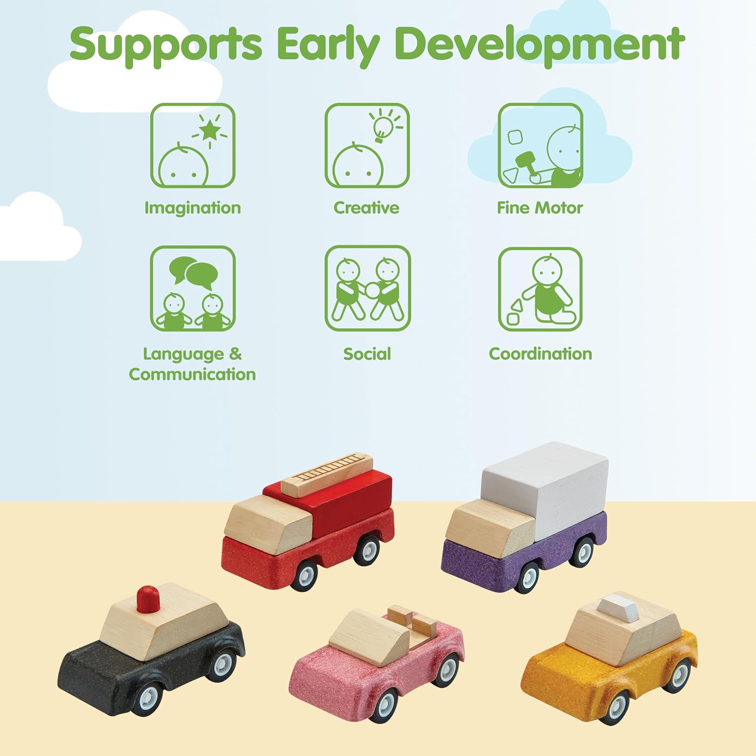 PlanToys® Vehicle Set Wooden Montessori Play Set | Early Movement, Imagination and Practical Life Exploration | Eco Friendly Car Set for Indoor and Outdoor Play