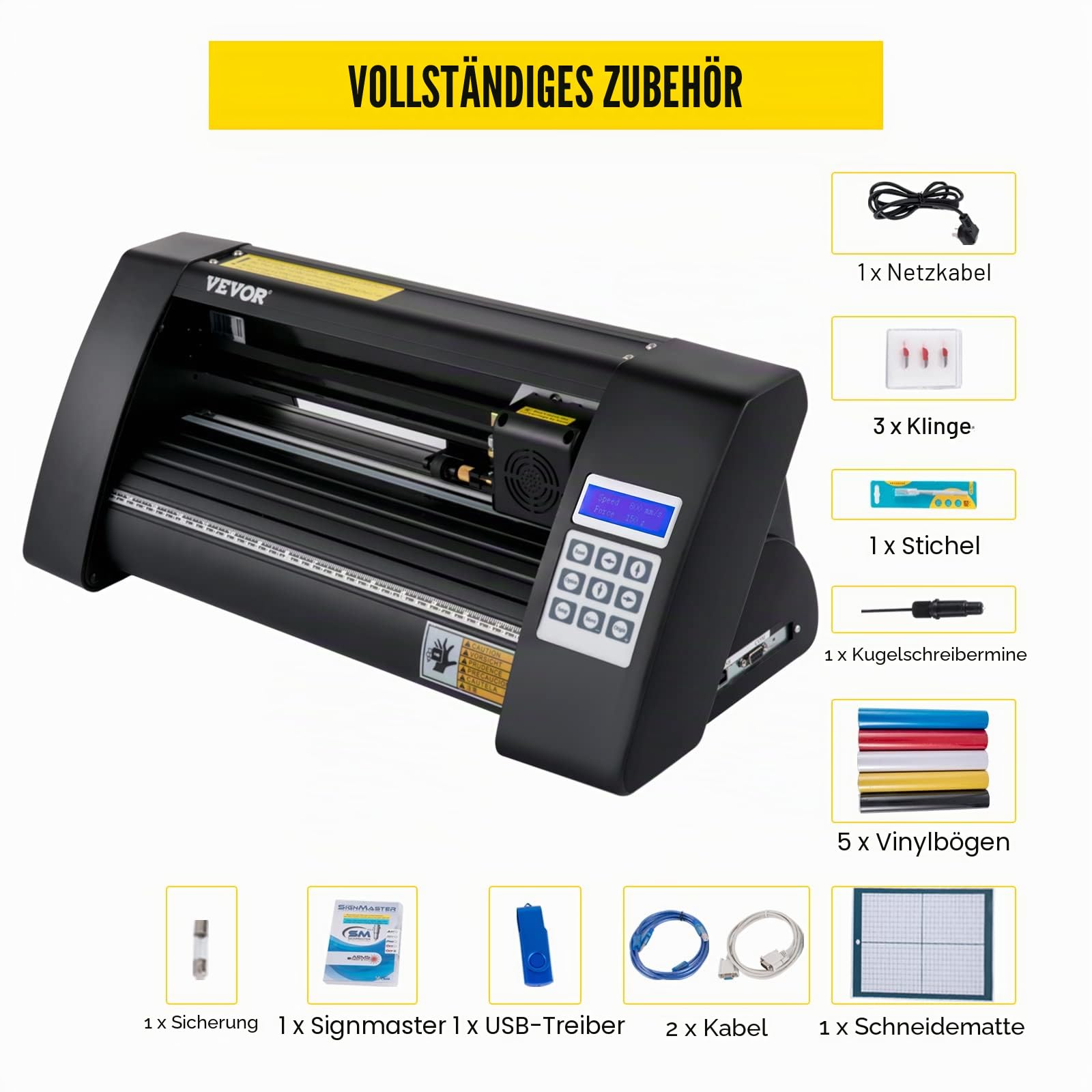 VEVOR Vinyl Schneideplotter 375 mm, Folienschneider Max. Schnittbreite 285 mm, Plottermaschine Signmaster-Software, Plotter Windowskompatibel, Folienplotter Halbautomatisch Schnittpräzision ±0,001 mm