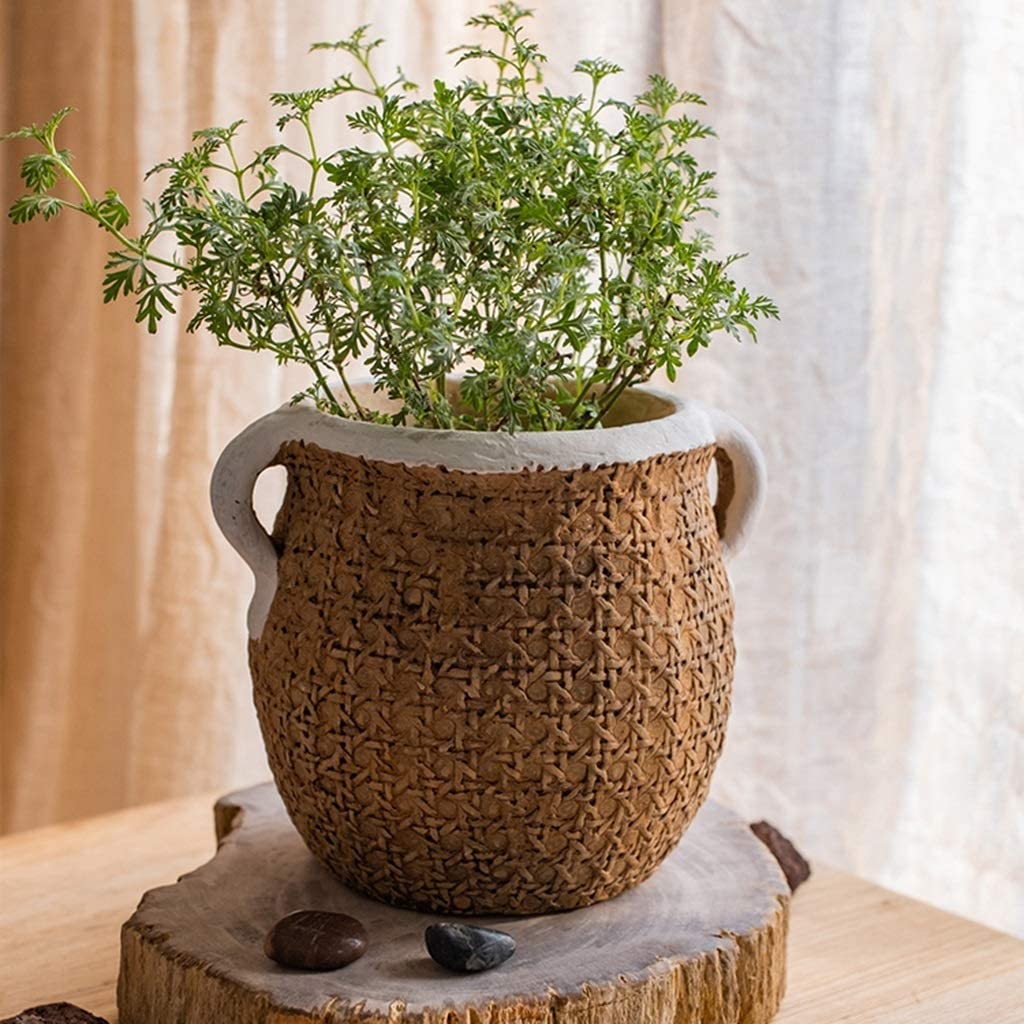 Betonowa imitacja rattanu, tkana doniczka na sukulenty, unikalne doniczki na małe rośliny, nowoczesna doniczka na rośliny (kolor: 18 x 15,5 cm)