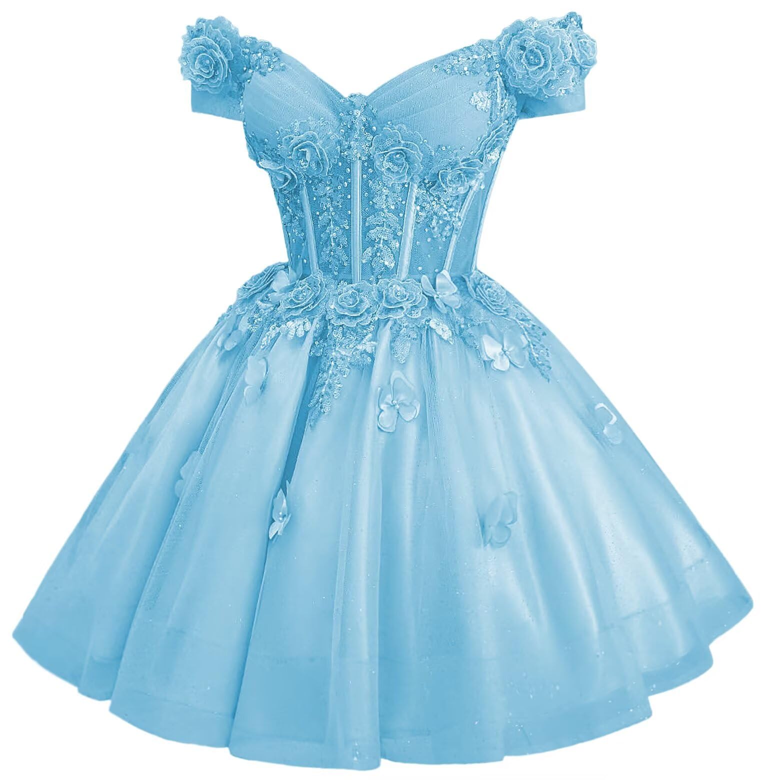 Zhangyo Sparkly Tulle Homecoming Dresses for Teens Off Shoulder DAMA Dresses for Quinceanera 3D Butterfly Short Ball Gown