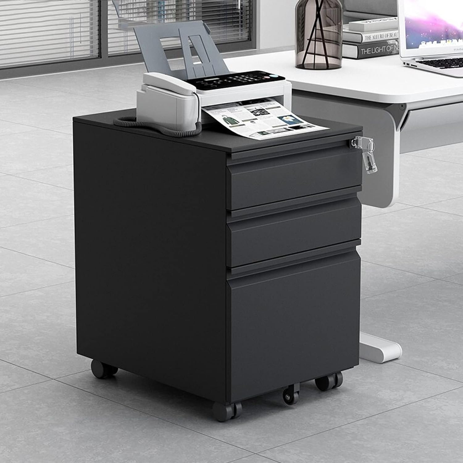 Office File Cabinets 3 Drawer Metal Mobile File Cabinet with Lock, Under Desk Filing Cabinet for Legal/Letter/A4 File, Fully Assembled with Wheels Filing Cabinet (Color : Black) (Black)