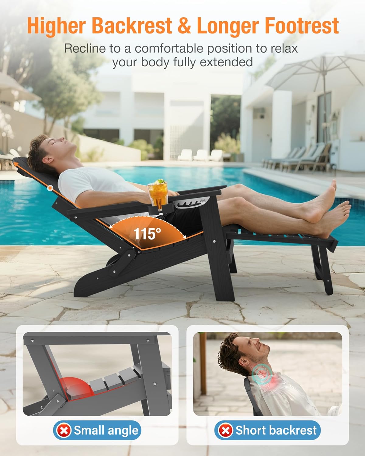 YEFU Adirondack Chair with Retractable Ottoman: Folding Adirondack Chairs Set of 2-5-Level Adjustable Backrest with Footrest - Fire Pit Chairs - 2 Cup Holder - Outdoor Plastic Chair for Patio(Black)