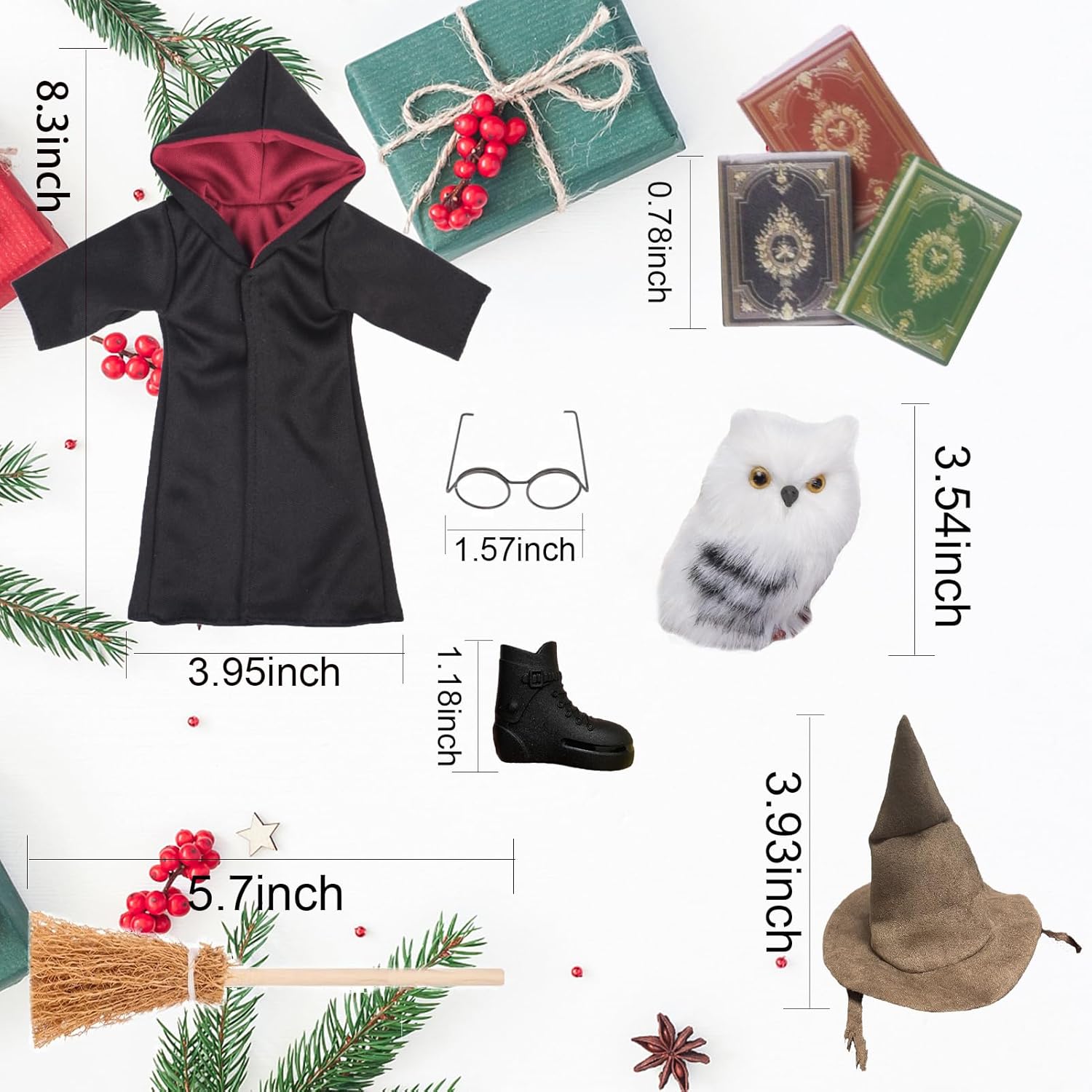 Wizard Christmas Elf Accessories for Elf Doll Clothes Christmas Costume Includes Robe, Broom, Scarf, Mini Glasses, Mini Book, Owl, Shoes and Hat(Wizard Setting pro)