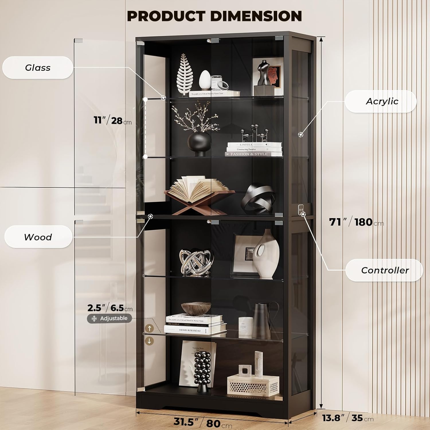 BROTTAR Vitrine mit Glastür, 6-stufige 180cm Vitrine mit 3 Farblichten für Sammlerstücke, Vitrine mit verstellbaren Glasträgern, Körperkensorsensor, Aufbewahrungsschränke, Schwarz