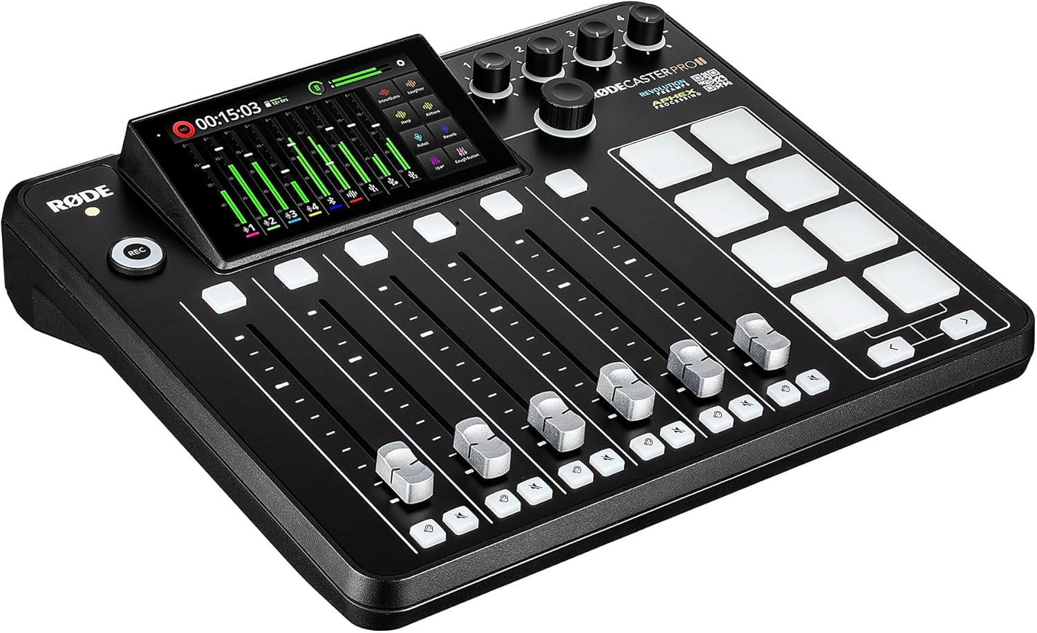 RODE RODECaster Pro II + 4x Headphones + 4x Podcast Microphone + 64GB Micro SD Memory Card + Mic Arm Stand + 2x USB-C + More (Bundle)