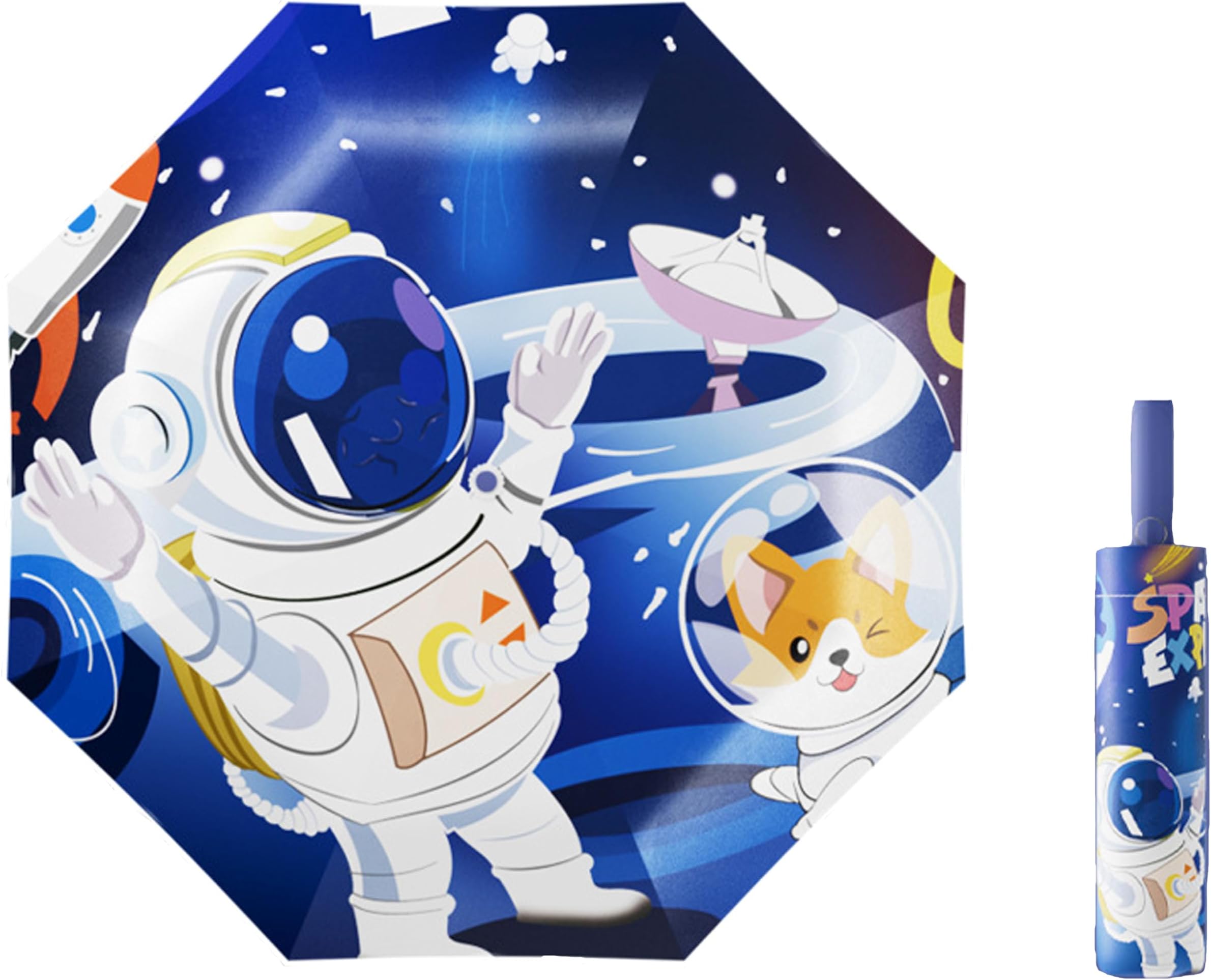 ED-LumosPocket Umbrellas for Kids Self Opening and Closing Windproof Rainproof Lightweight Compact Parasol Cartoon Blue Space Astronaut Design
