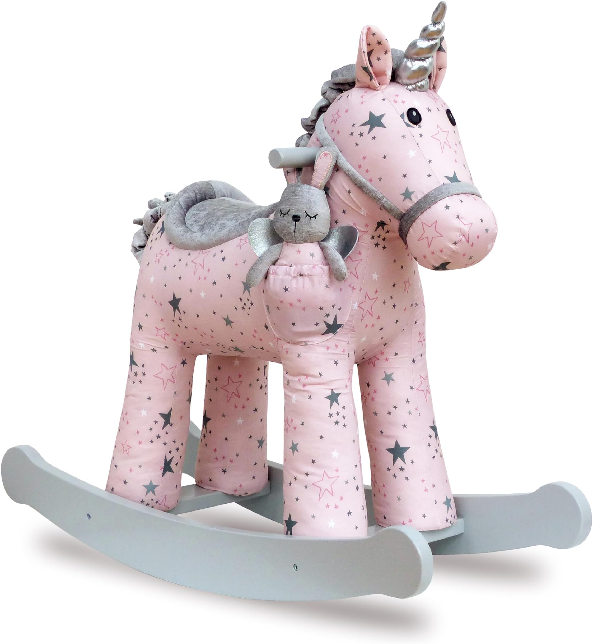 Little Bird Told Me - Celeste & Fae Unicorn Rocking Toy for Toddler 12+ Months Unisex - Pink & Grey Star Printed Fabric, Solid Wooden Frame & Rockers, Removable Plush Toy - British Brand Since 2007