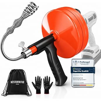 Masterfaktur Pipe cleaning spiral with metal drum [15 m] - with drill attachment - ideal drain spiral for environmentally friendly pipe cleaning - the sturdy pipe spiral for real DIY enthusiasts