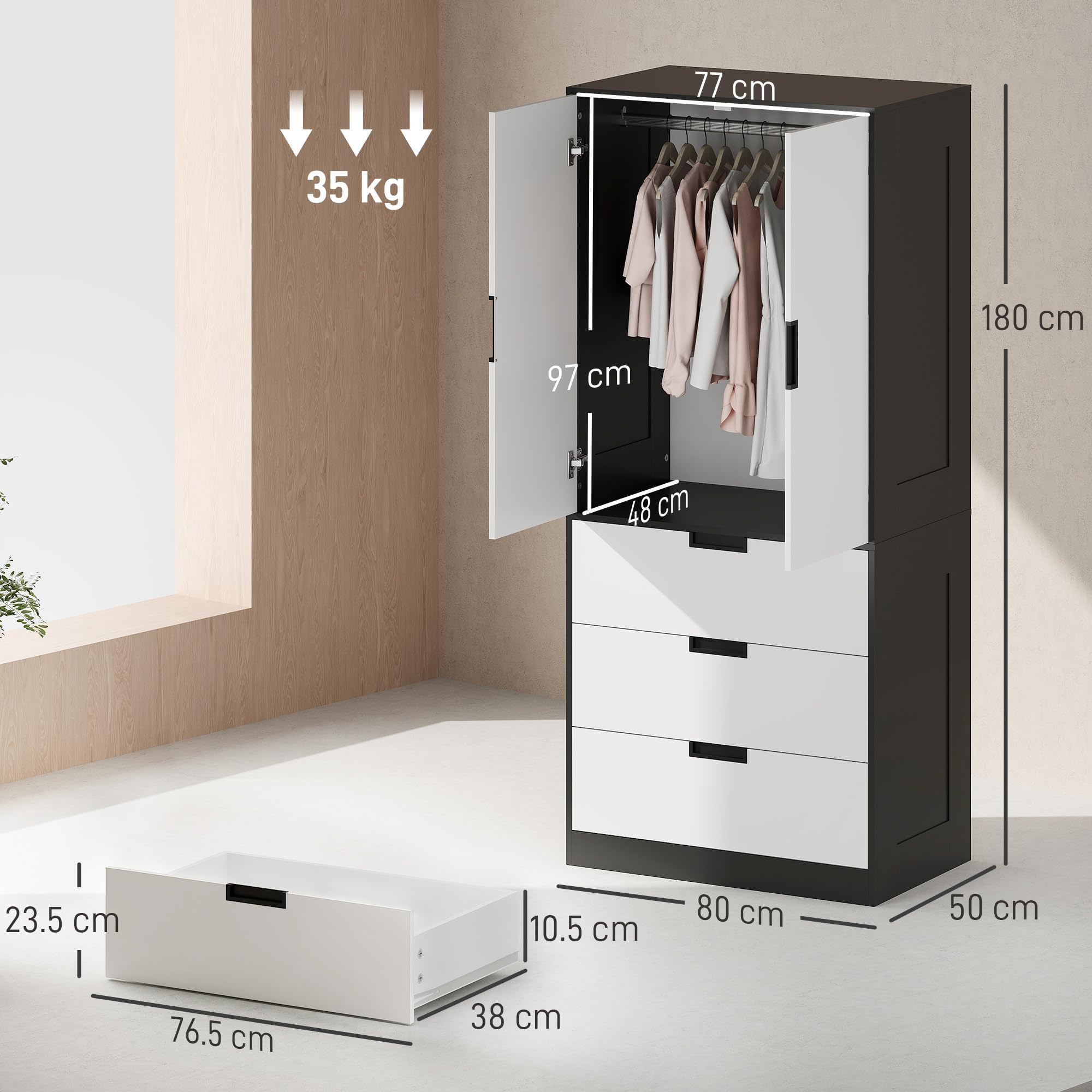 HOMCOM Armadio Camera da Letto 2 Ante Moderno 80x50x180 cm Bianco e Nero