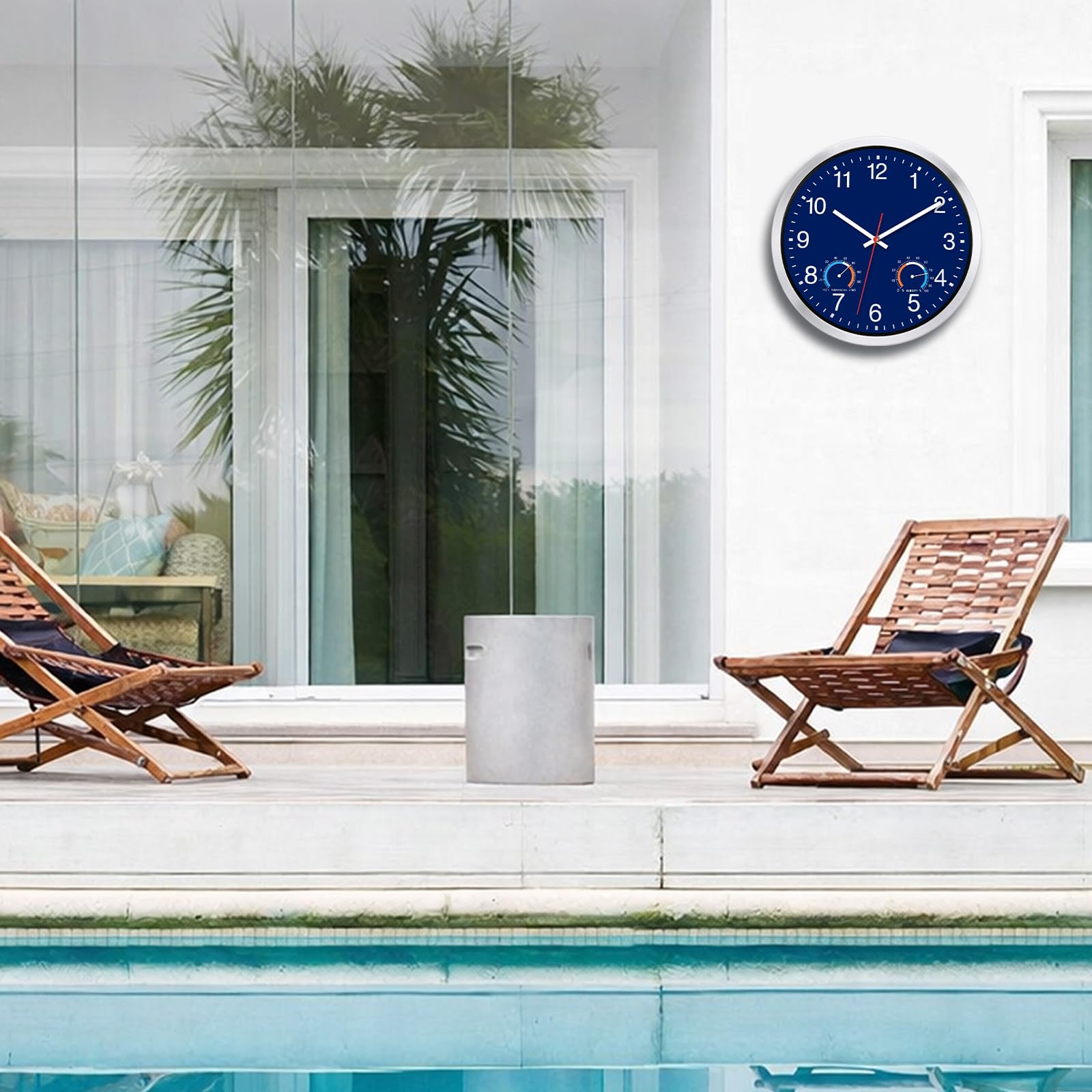 Caysie Orologio da parete al quarzo da 30,5 cm, impermeabile, con termometro e igrometro, funzionamento a batteria, silenzioso, per patio, piscina, bagno, casa (blu navy)