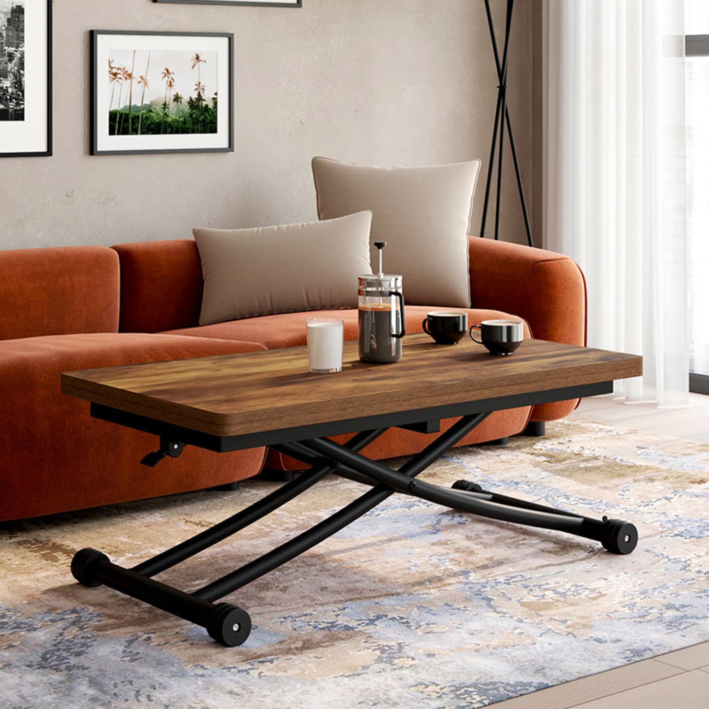 IDMarket - Couchtisch 2 in 1 aufklappbar zu einem rechteckigen Esstisch Urbana 100 cm Dunkles Holz und schwarzes Industriedesign
