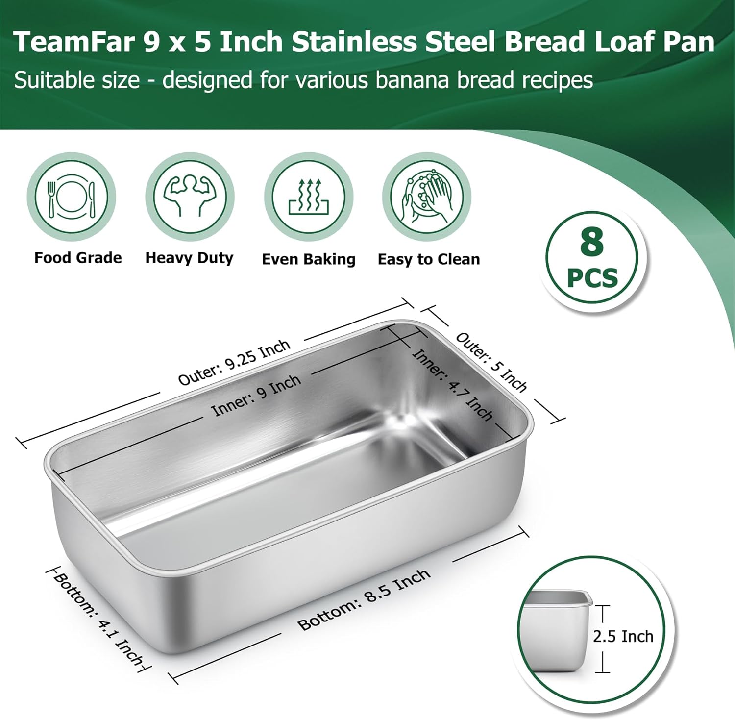TeamFar Loaf Pans for Baking, 9 × 5 Inch Stainless Steel Loaf Bread Pans Tins for Homemade Bread/Brownies, Healthy & Sturdy, Oven & Dishwasher Safe - Set of 8 - Image 2
