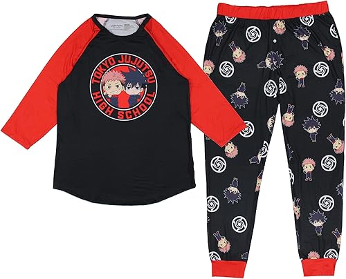 Miniatura 5 de Bioworld Jujutsu Kaisen - Pijama para mujer Tokyo Jujutsu High School Yuji Itadori y Megumi Fushiguro Raglan Jogger Pijama Conjunto