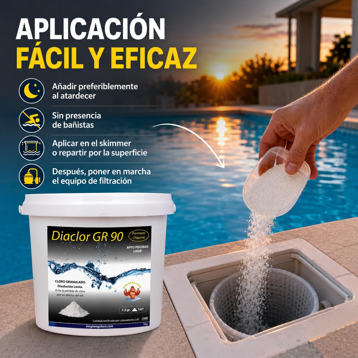 Tricloro Puro - Cloro Granulado Piscinas DIACLOR GR 90 5 KG - Disolución Lenta