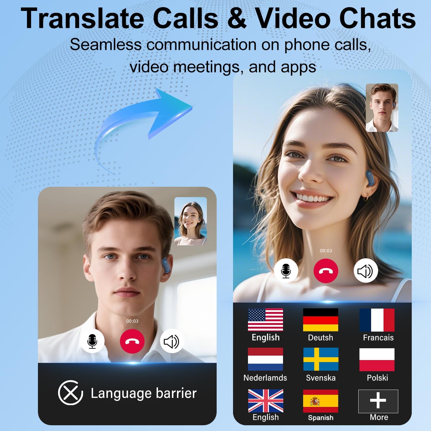 Ai Translation Earbuds Real Time,164 Languages Translator Earbuds with 6 Translation Modes/No Subscription,Audio and Video Calls Translator Headphones,Audifonos Traductores Inglés Español, Deep Blue