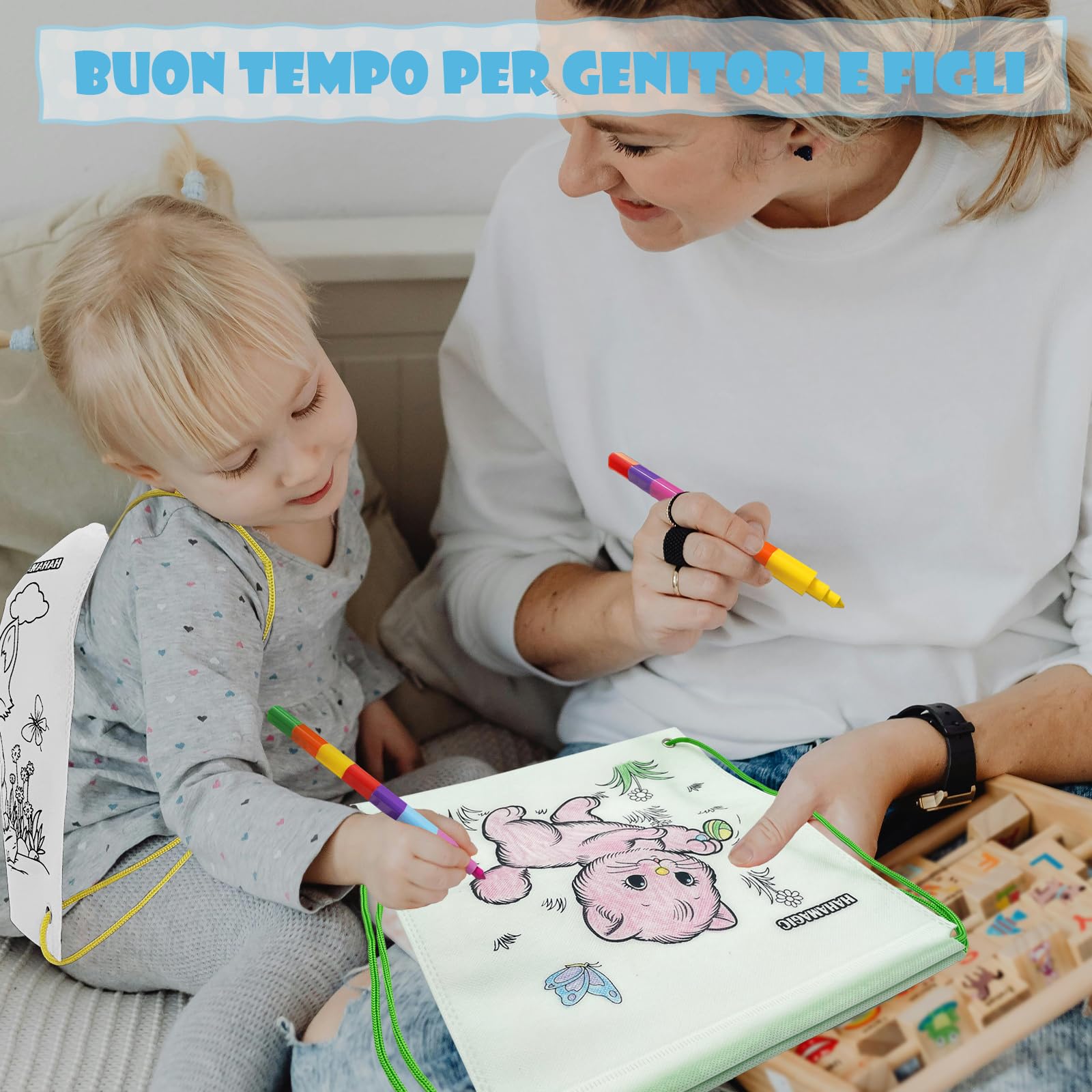 12 PCS zaini da colorare con 12 pastelli a cera impilabili (7 colori in uno), adatto come regalini fine festa compleanno bambini invitati, sacchetti e gadget compleanno bambini