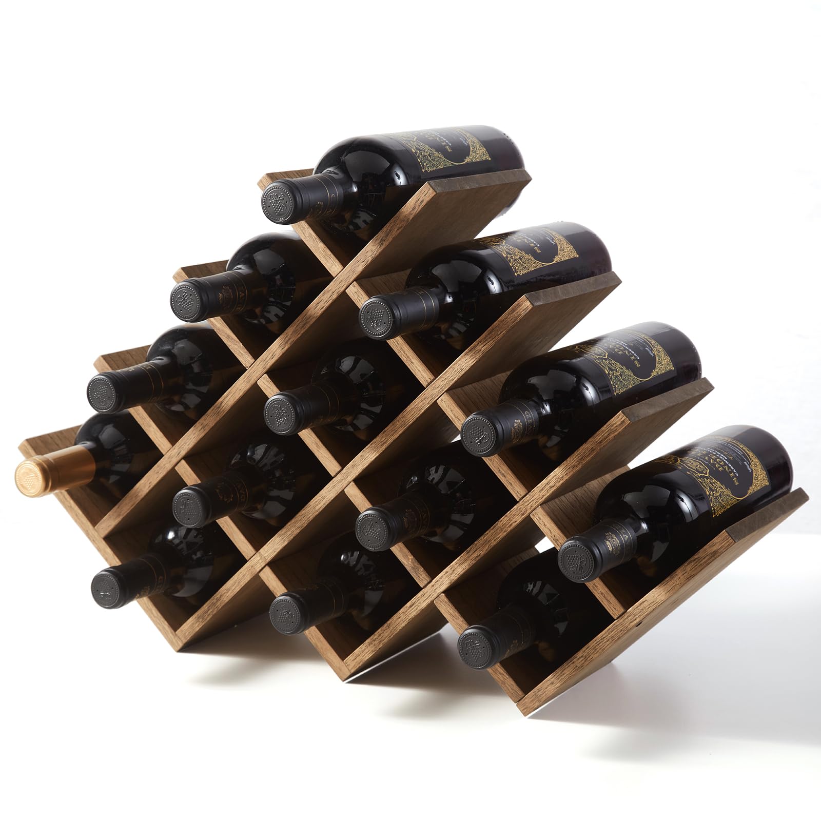 KIRIGEN Casier à vin, Porte-Bouteilles 13 Places, 56,6×15×36,5 cm, Brun | Bois massif travaillé à la main, finition à l’huile-cire, 4 étagères, montage par vis, tournevis non fourni.