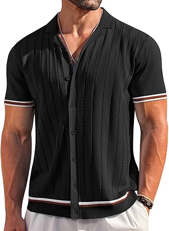 COOFANDY Men's Short Sleeve Knit Shirt Casual Button Down Shirt Vintage Striped Knitted Golf Beach Tops