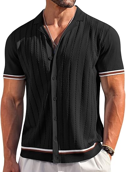COOFANDY Men's Short Sleeve Knit Shirt Casual Button Down Shirt Vintage Striped Knitted Golf Beach Tops