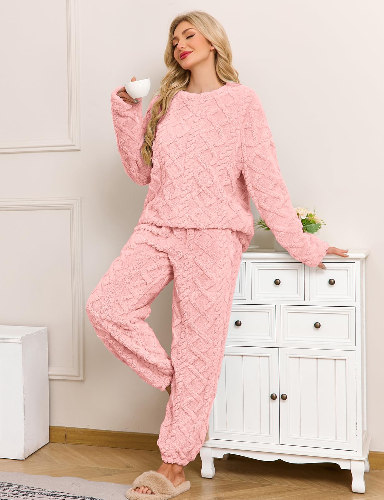 Niwicee Pigiama Donna Invernale Pile Pigiami Caldo Felpato Pigiama Flanella Donna Abbigliamento da Notte Lounge Pigiami Due Pezzi Felpa a Maniche Lunghe e Pantaloni con Tasche