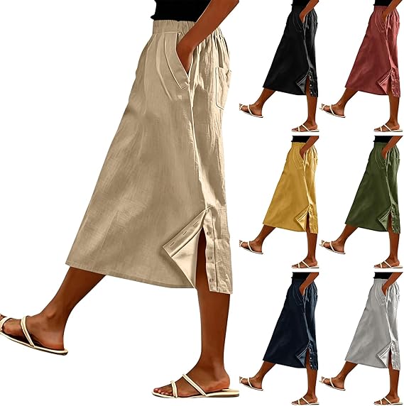 Linen Casual Side Button Midi Skirt by [Brand]