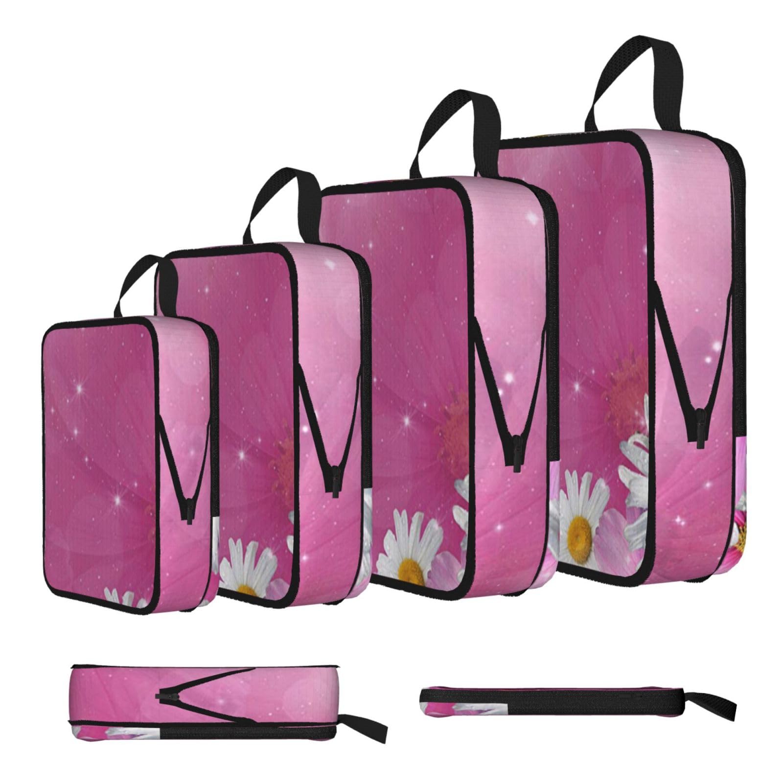 Pink Flowers Print 4 Set Compression Packing Cubes For Suitcases,Expandable Storage Bags Organizers