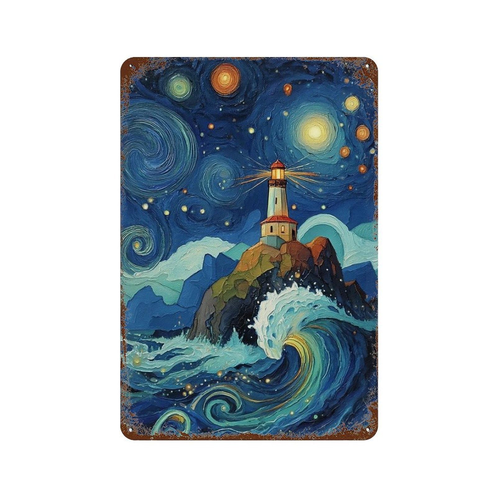 Starry Night Lighthouse Waves Decorative Tin Sign 11.8"x7.9", Farmhouse Wall Decor for Garage, Bar And Workshop Decor