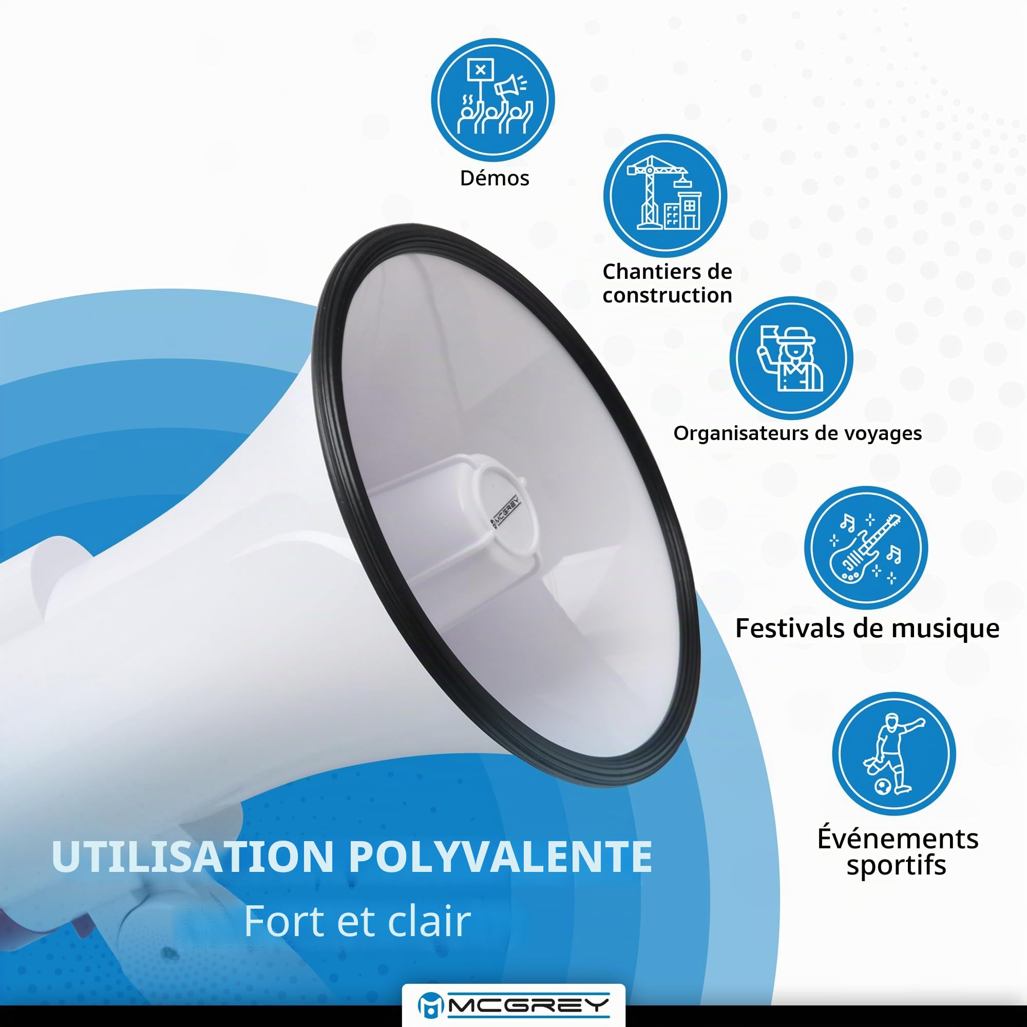 McGrey MP-100RS Mégaphone (Porte-Voix, 10 Watt RMS/30 Watt Max, portée Jusqu’à 500m, Fonction Enregistrement/relecture, sirène, alimenté par Piles) Blanc/Rouge