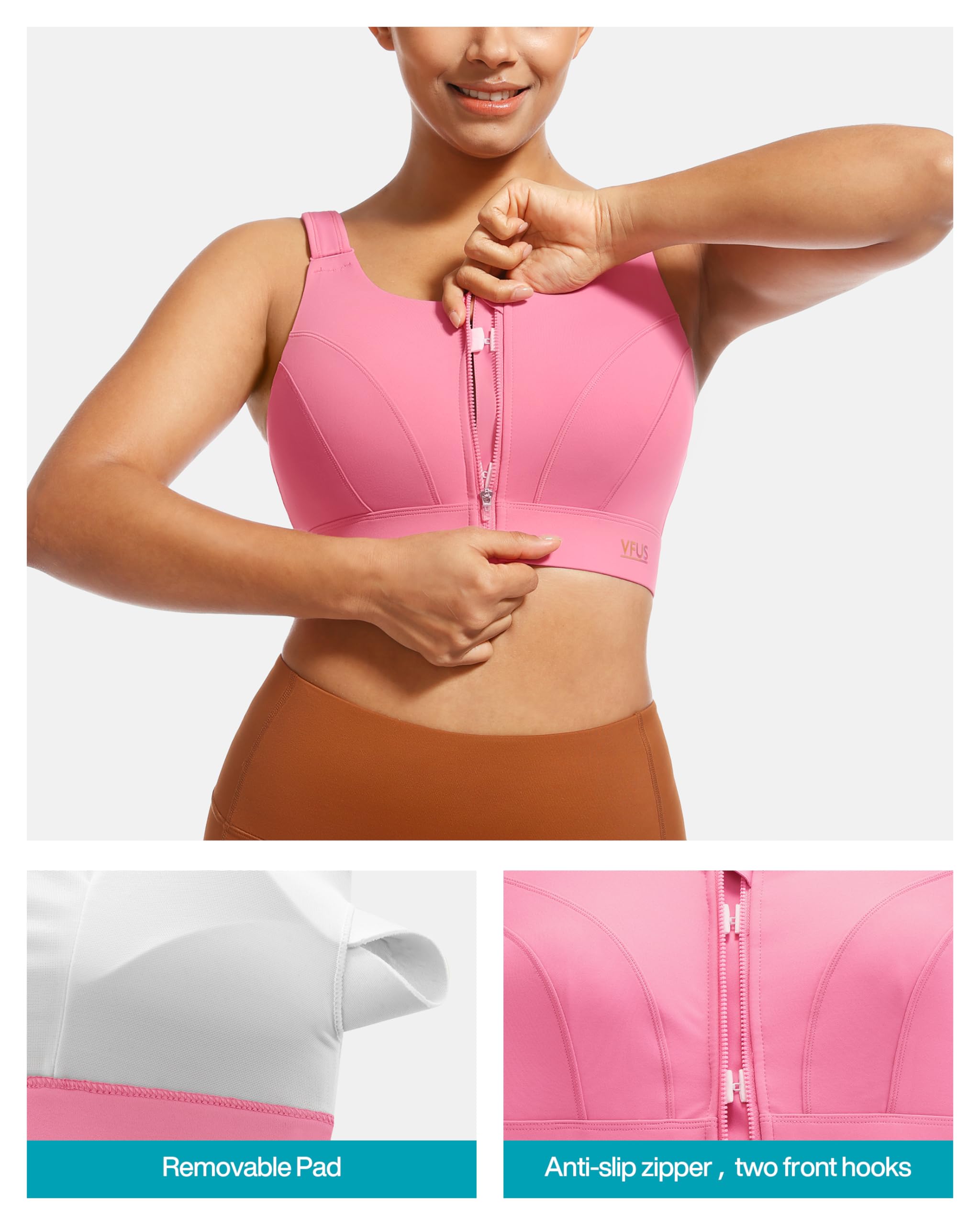 Sujetadores deportivos ajustables de alto impacto para mujer, con cremallera frontal, cobertura completa y parte superior de compresión acolchada, rosa (flamingos pink), XXL