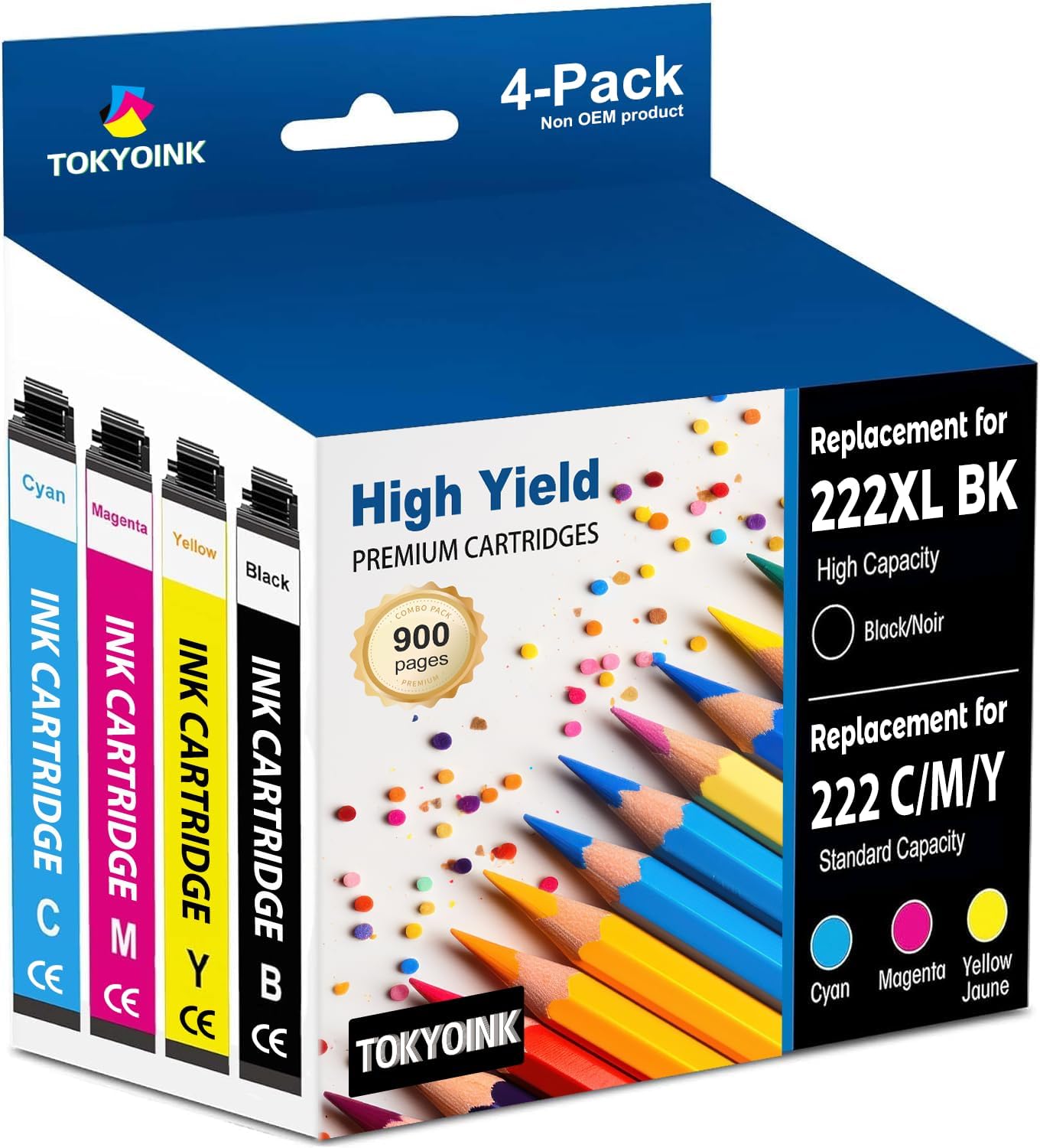 tokyoink 222xl ink cartridges combo pack remanufactured replacement for epson 222 ink cartridge 222xl 222 xl works for wf-2960, xp-5200 printer (black, cyan, magenta, yellow 4 pack) 222xl 4p