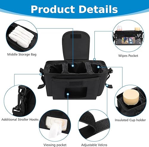 Miniatura 4 de Accmor Organizador universal para cochecito con portavasos aislado y correa para el hombro, bolsa de cochecito para cochecito, soporte para