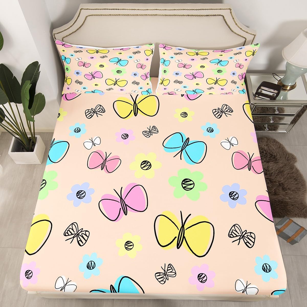 Sweet Butterfly Fitted Sheet Full Size,Cute Animals Bedding Sets for Kids Girls Boys Teens Adult Room Decor,Summer Colorful Floral Bed Sheets Princess Style Deep Pocket Sheet,2 Pillowcases