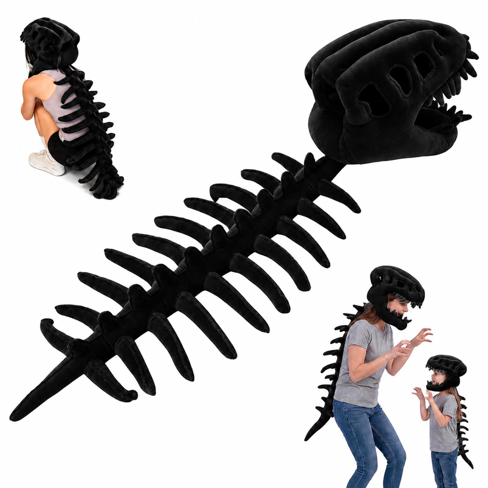 DVDVBOOM Dinosaur Skeleton Costume, 3D Wearable Spinosaurus Skull Dino Outfit Props, Washable Themed Cosplay Costumes for Halloween (Black, 90cm/35.4in)