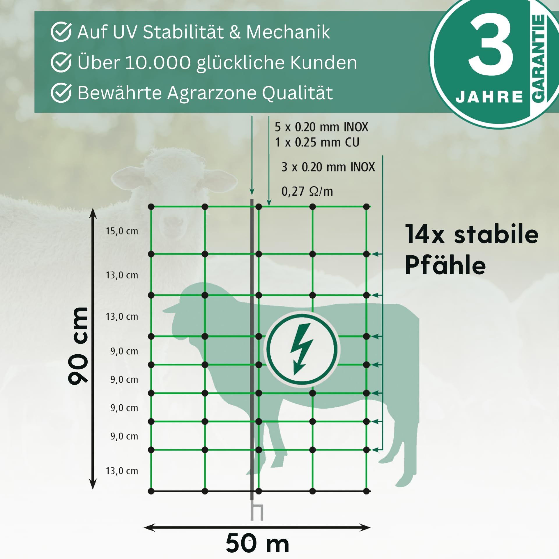 Agrarzone siatka dla owiec ogrodzenie elektryczne dla owiec pomarańczowe 50m x 90cm | Elektryczne ogrodzenie pastwiska z podwójnym szpikulcem i palikami | Ogrodzenie ochronne dla owiec kóz jagniąt