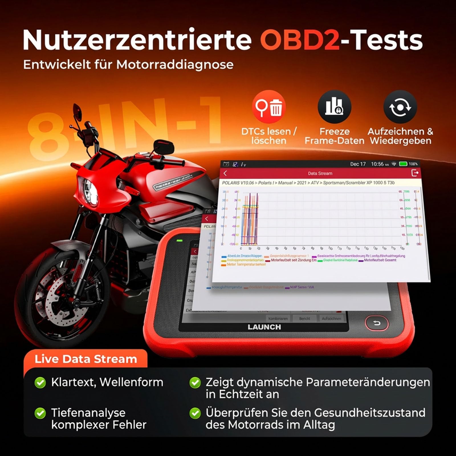 Launch CRP129 MT Pro Motorrad Diagnosegerät, OE-Allsystem-Bidirectional-Test, Reset für Harley Honda Yamaha Kawasaki, 38+ Marken, 11 Sprachen, 2 Jahre Updates