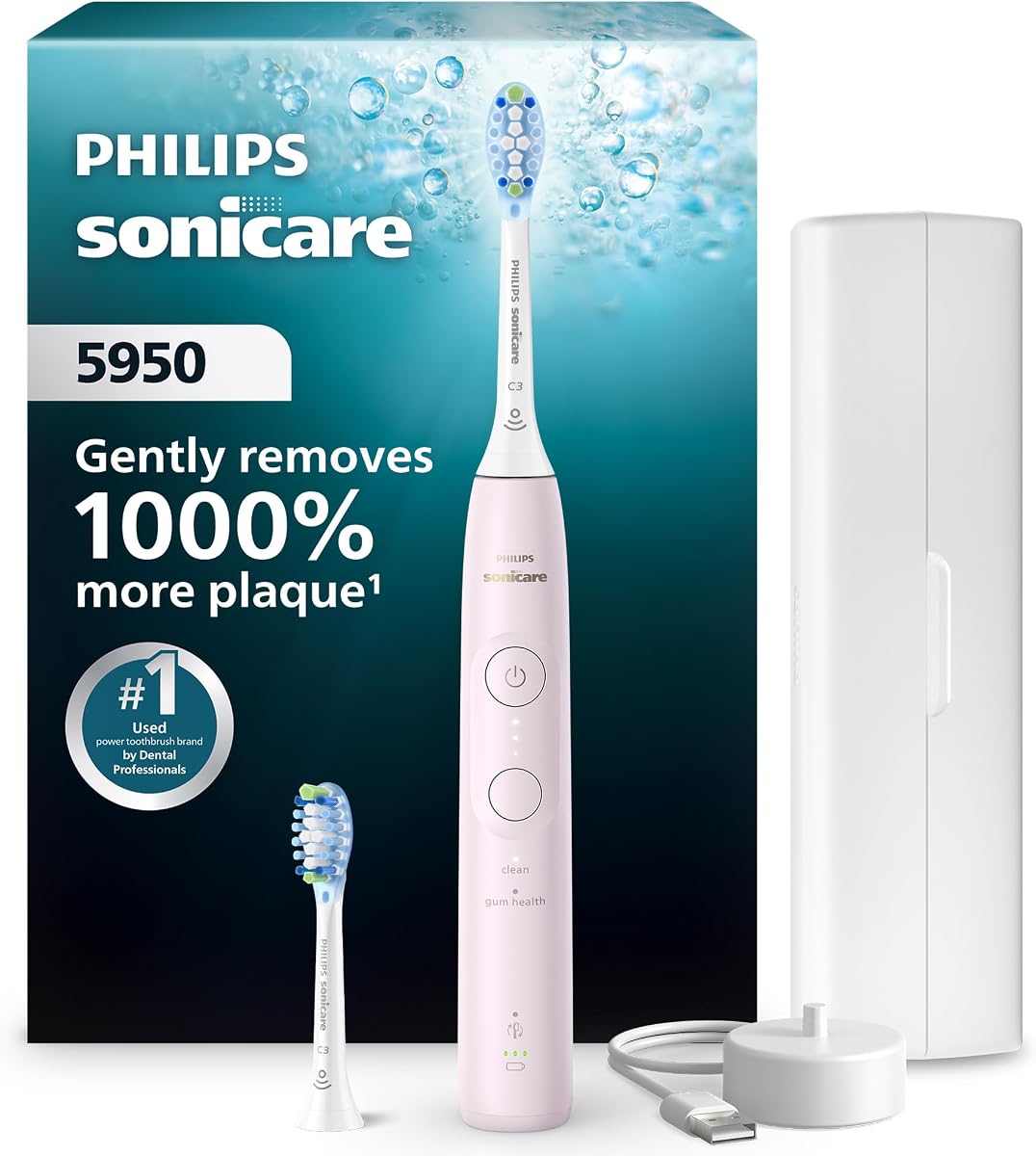 5950 Rechargeable Electric Toothbrush, 2 Brush Heads, Pink | 1000% More Plaque Removal¹, Visual Pressure Sensor, 6 Brush Settings, 21-Day Battery, Includes Travel Case, HX7132/03