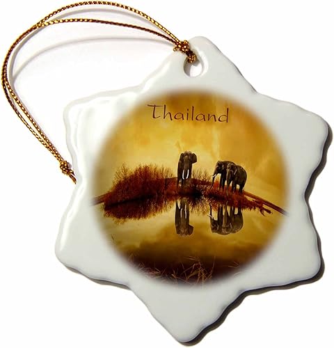 Imagen 3D rosa de elefantes en Tailandia reflejada en copo de nieve de agua, adorno de 3 pulgadas