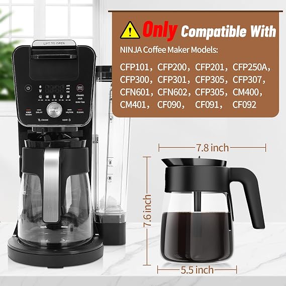 12 Cup Coffee Pot Replacement for Ninja Coffee Maker CFP101 CFP201 CFP301 CFN601 CFP250A CFP300 CFP307, Glass Carafe Replacement with Brew-Through Lid, Ninja Coffee Pot Replacement with Sturdy Handle