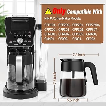 12 Cup Coffee Pot Replacement for Ninja Coffee Maker CFP101 CFP201 CFP301 CFN601 CFP250A CFP300 CFP307, Glass Carafe Replacement with Brew-Through Lid, Ninja Coffee Pot Replacement with Sturdy Handle