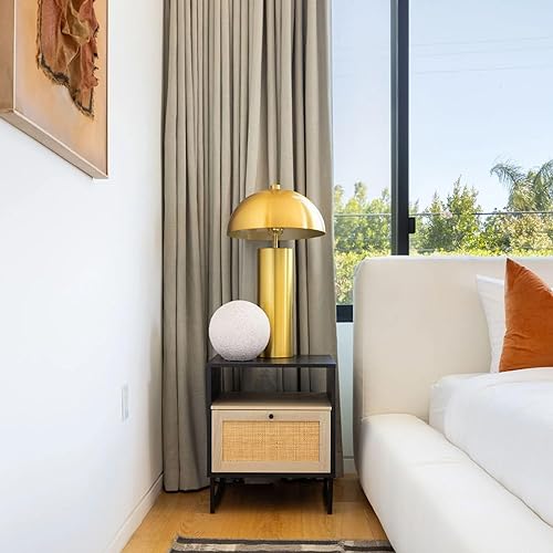 Miniatura 14 de Nathan James Mina Mesita de noche lateral de madera de ratán con almacenamiento para sala de estar o dormitorio, 1, roble/negro