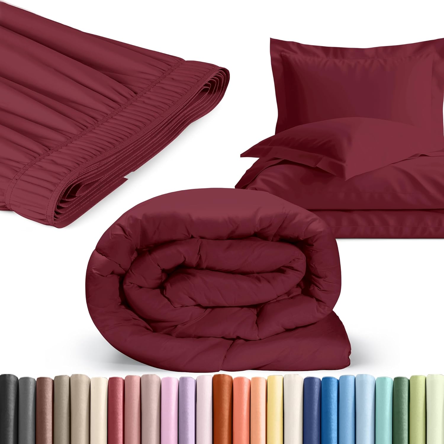 Wrap Around Dust Ruffle Bed Skirt & Comforter + Duvet Cover Bundle - Burgundy - for Queen Size Beds w/ 21 Inch Drop - Elastic Strap - Adjustable Pleated Bedskirt Fabric - for Women, Men, Kids & Teens
