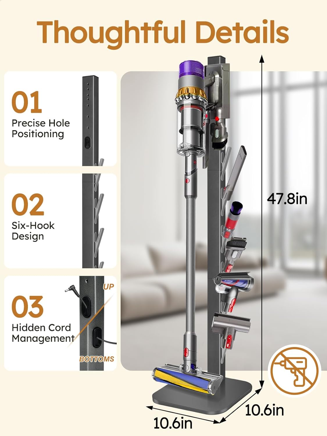 Vacuum Stand for Dyson Gen5 V15 V12 V11 V10 V8 V7 V6, Freestanding No-Drill Floor Stand w/6 Hooks, Cord Management & Heavy-Duty Metal Weighted Base, Vacuum Attachment Organizer, Dark Gray