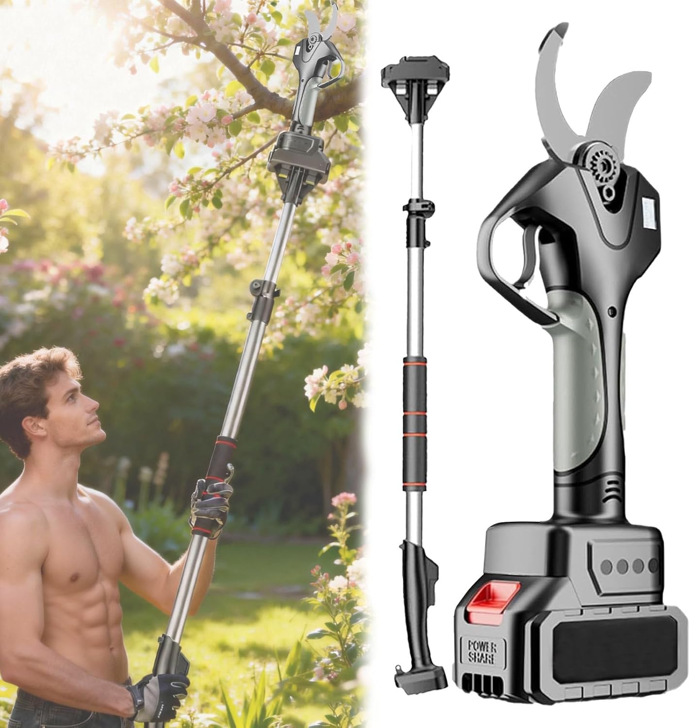 Professional Electric Pruning Shears,LCD Display,2 Inch Cutting Diameter Electric Pruners for Gardening Heavy Duty with 4.4-7.1ft Scalable Extension Rod, 2 Battery and Charger