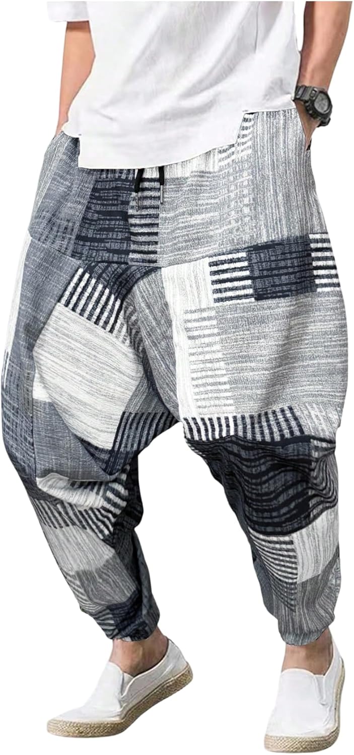 Men's Color Block Patchwork Baggy Harem Pants Drawstring Elastic Waist Hippie Pants with Pockets Streetwear